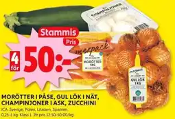 ICA Kvantum Morötter i påse, gul lök i nät, champinjoner i ask, zucchini erbjuda