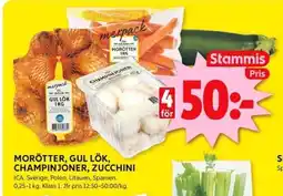 ICA Kvantum ICA Morötter, gul lök, champinjoner, zucchini erbjuda