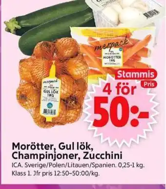 ICA Supermarket ICA Morötter, Gul lök, Champinjoner, Zucchini erbjuda