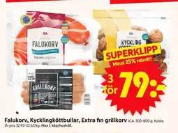 ICA Supermarket ICA Falukorv, Kycklingköttbullar, Extra fin grillkorv erbjuda