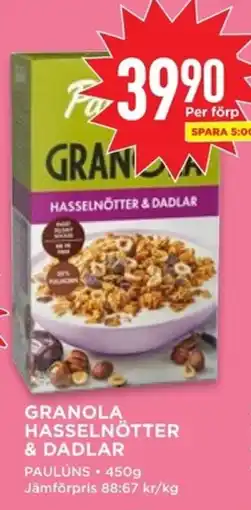 Willys PAULUNS Granola hasselnötter & dadlar erbjuda