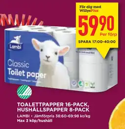 Willys TOALETTPAPPER 16-PACK, HUSHÅLLSPAPPER 8-PACK erbjuda