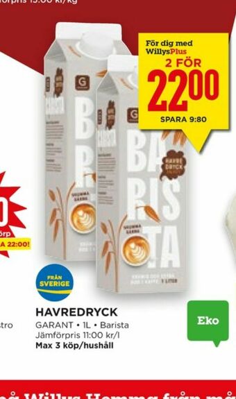 Willys Hemma Garant Havredryck erbjuda