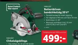 Lidl PARKSIDE Batteridriven handcirkelsåg 20 V* erbjuda