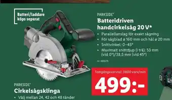 Lidl PARKSIDE Batteridriven handcirkelsåg 20 V* erbjuda