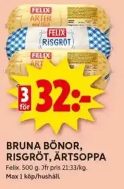 ICA Kvantum FELIX Bruna bönor, risgröt, ärtsoppa erbjuda