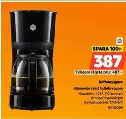 Power Kaffebryggare Glänsande svart kaffebryggare Kapacitet: 1,25 L (12 koppar) Droppstoppfunktion erbjuda