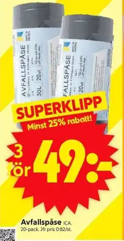 ICA Supermarket Avfallspåse ICA. 20-pack. Jfr pris 0:82/st. erbjuda