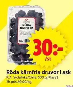 ICA Supermarket Röda kärnfria druvor i ask erbjuda