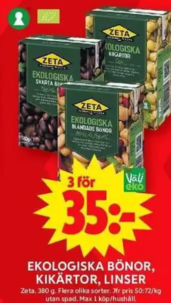 ICA Maxi EKOLOGISKA BÖNOR, KIKÄRTOR, LINSER erbjuda