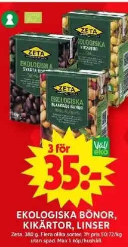 ICA Maxi EKOLOGISKA BÖNOR, KIKÄRTOR, LINSER erbjuda