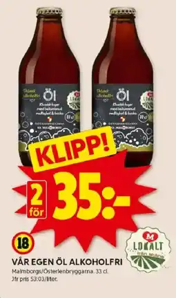 ICA Kvantum Vår egen öl alkoholfri erbjuda