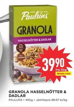 Willys PAULUNS Granola hasselnötter & dadlar erbjuda