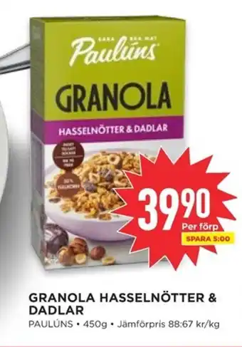 Willys PAULUNS Granola hasselnötter & dadlar erbjuda