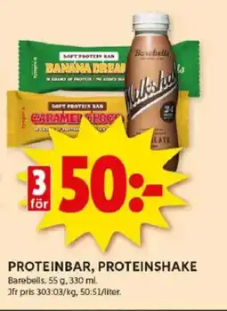 ICA Kvantum BAREBELLS Proteinbar, proteinshake erbjuda