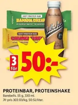 ICA Kvantum BAREBELLS Proteinbar, proteinshake erbjuda