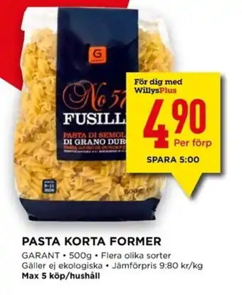 Willys Pasta Korta Former 500g erbjuda