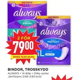 Willys ALWAYS Bindor, trosskydd erbjuda