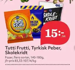 Hemköp FAZER Tutti frutti, tyrkisk peber, skolekridt erbjuda