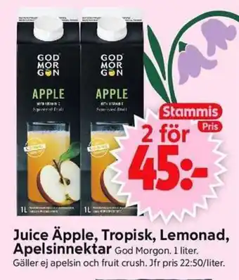 ICA Supermarket GOD MORGON Juice äpple, tropisk, lemonad, apelsinnektar erbjuda