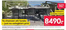 Rusta Utdragbart bord Florens + 6 st stapelbara stolar Amalfi erbjuda