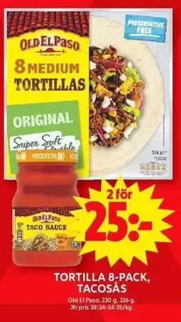 ICA Maxi OLD EL PASO Tortilla 8-pack, tacosås erbjuda