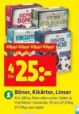 ICA Kvantum ICA Bönor, kikärtor, linser erbjuda