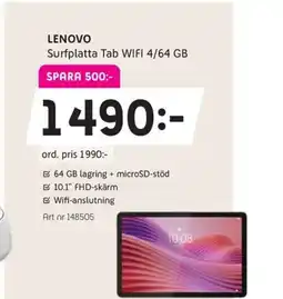 Elon LENOVO Surfplatta tab wifi 4/64 gb erbjuda