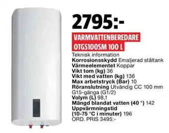 Bauhaus Varmvattenberedare OTGS100SM 100L erbjuda