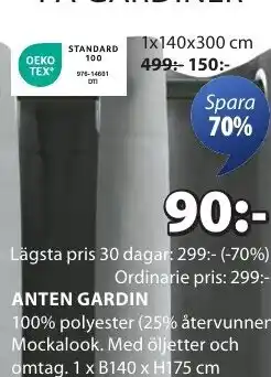 JYSK ANTEN GARDIN 100% polyester (25% återvunnen). Mockalook. Med öljetter och omtag. 1 x B140 x H175 cm erbjuda
