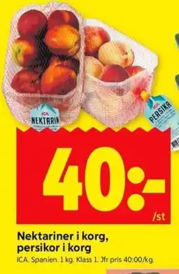 ICA Kvantum Nektariner i korg, persikor i korg erbjuda