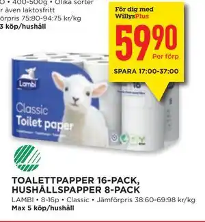 Willys TOALETTPAPPER 16-PACK, HUSHÅLLSPAPPER 8-PACK erbjuda