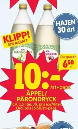 Ica Hajen Lagpris ICA Äppel/ pärondryck erbjuda