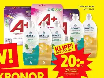 ICA Kvantum A+ pulver Tvättmedel 700g, Noora Sköljmedel 928 ml erbjuda