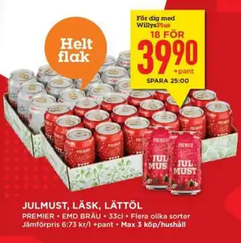 Willys Julmust, Läsk, Lättöl 33cl erbjuda