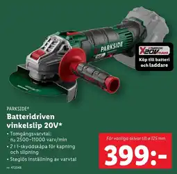 Lidl PARKSIDE® Batteridriven vinkelslip 20V erbjuda