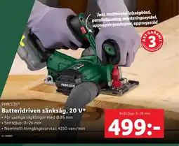 Lidl PARKSIDE® Batteridriven sänksåg, 20 V erbjuda