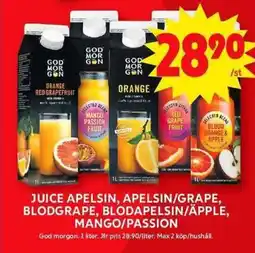 ICA Maxi GODMORGON Juice apelsin, apelsin/grape, blodgrape, blodapelsin/apple, mango passion erbjuda