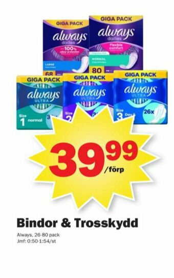 Pekås Always Bindor erbjuda