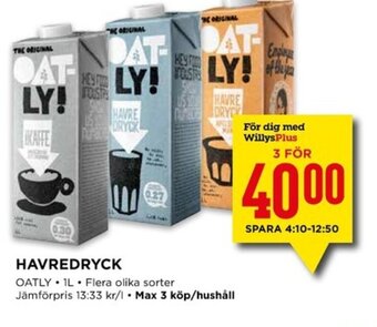 Willys Havredryck 3x1l erbjuda