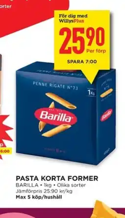 Willys BARILLA Pasta korta former erbjuda