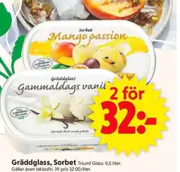 ICA Supermarket Gräddglass, Sorbet Triumf Glass. 0,5 liter. erbjuda