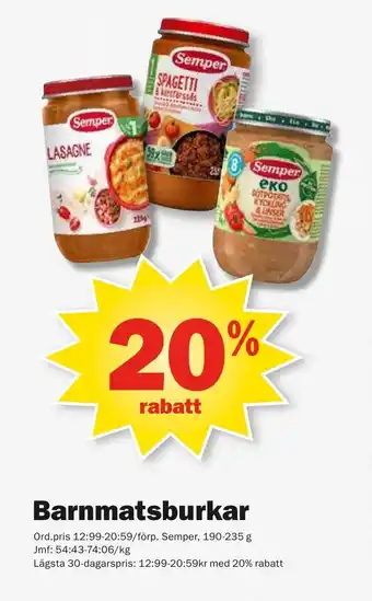 Pekås SEMPER Barnmatsburkar erbjuda