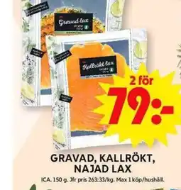 ICA Maxi ICA Gravad, kallrökt, najad lax erbjuda