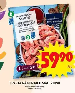 ICA Maxi Royal Greenland Frysta räkor med skal 70/90 erbjuda