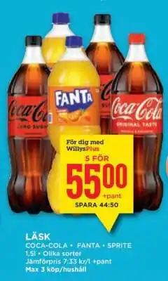 Willys Läsk Coca-Cola, Fanta, Sprite erbjuda
