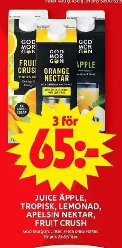ICA Maxi GOD MORGON Juice äpple, tropisk, lemonad, apelsin nektar, fruit crush erbjuda