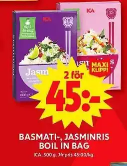 ICA Maxi ICA Basmati-, jasminris boil in bag erbjuda