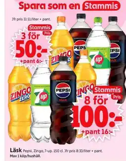 ICA Supermarket Läsk Pepsi, Zingo, 7-up. 150 cl. Jfr pris 8:33/liter + pant. Max 1 köp/hushåll. erbjuda