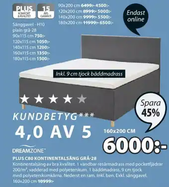 JYSK Dreamzone Plus C80 Kontinentalsäng Grå-28 160x200 cm erbjuda
